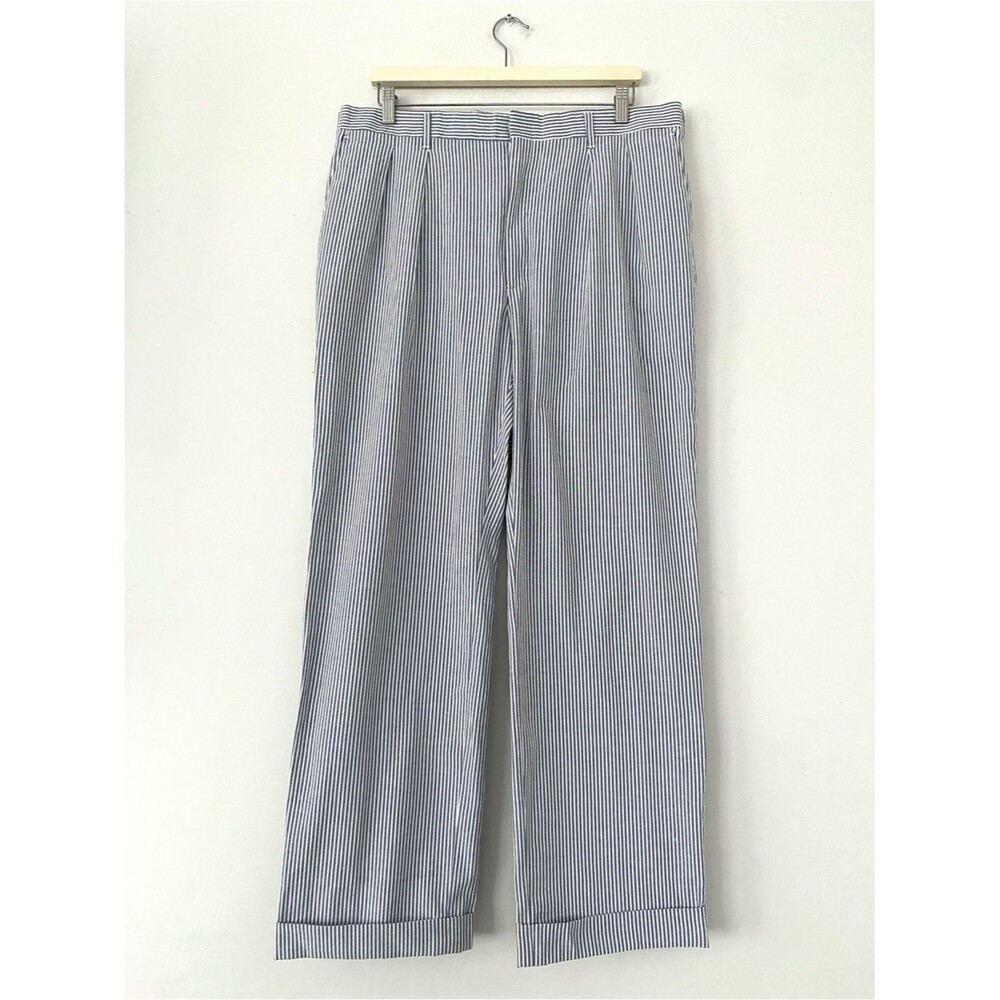 VTG 70s Imperial Haggar Blue & White Seersucker Pleated Trousers 36x32 USA Made